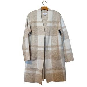 TIME AND TRU Women's Plaid Open Front Cardigan Sweater SZ S Oatmeal Winter White